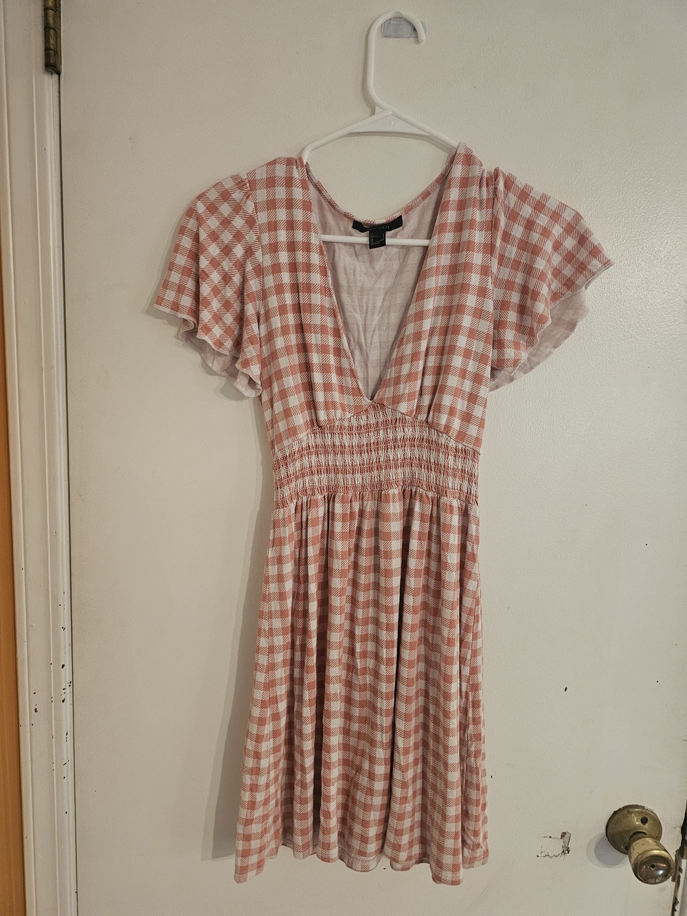Forever 21 Pink and White Gingham V-Neck Smocked Mini Dress